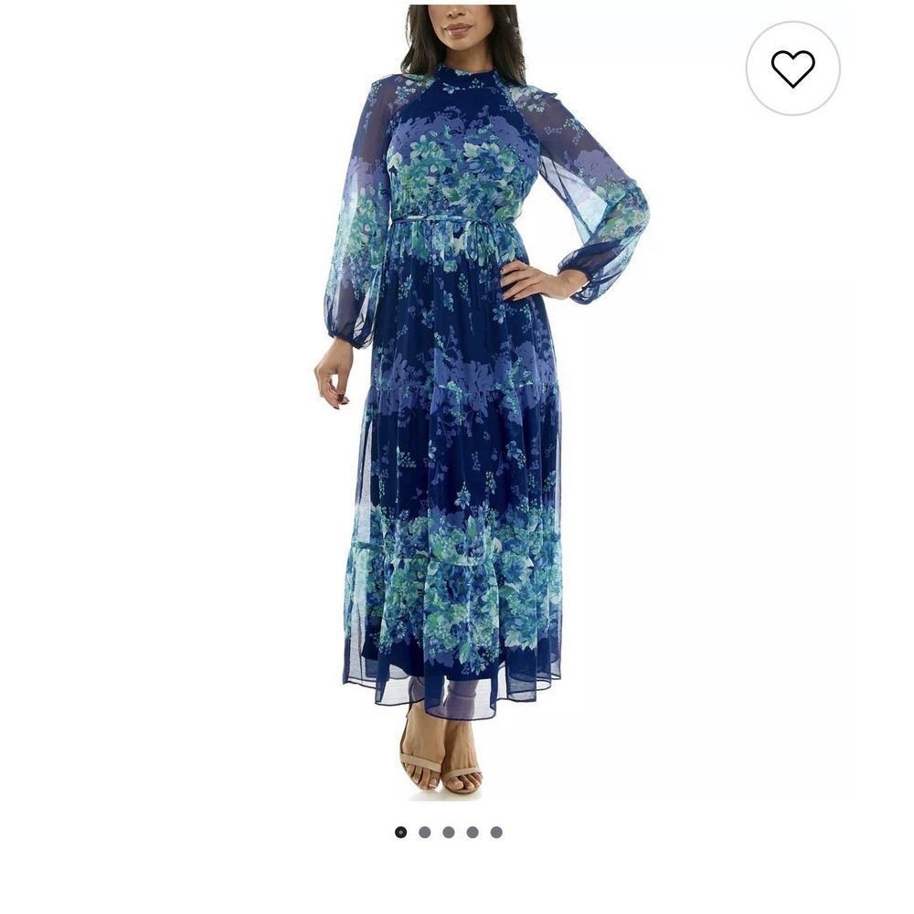 Maison Tara Navy Blue Floral Romantic Maxi Dress High Neck Semi Sheer Sz 8